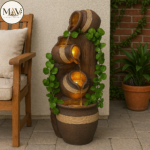 Rustic Cascading Jug Fountain with LED Lights & Greenery – Indoor Outdoor Waterfall Décor - Image 3