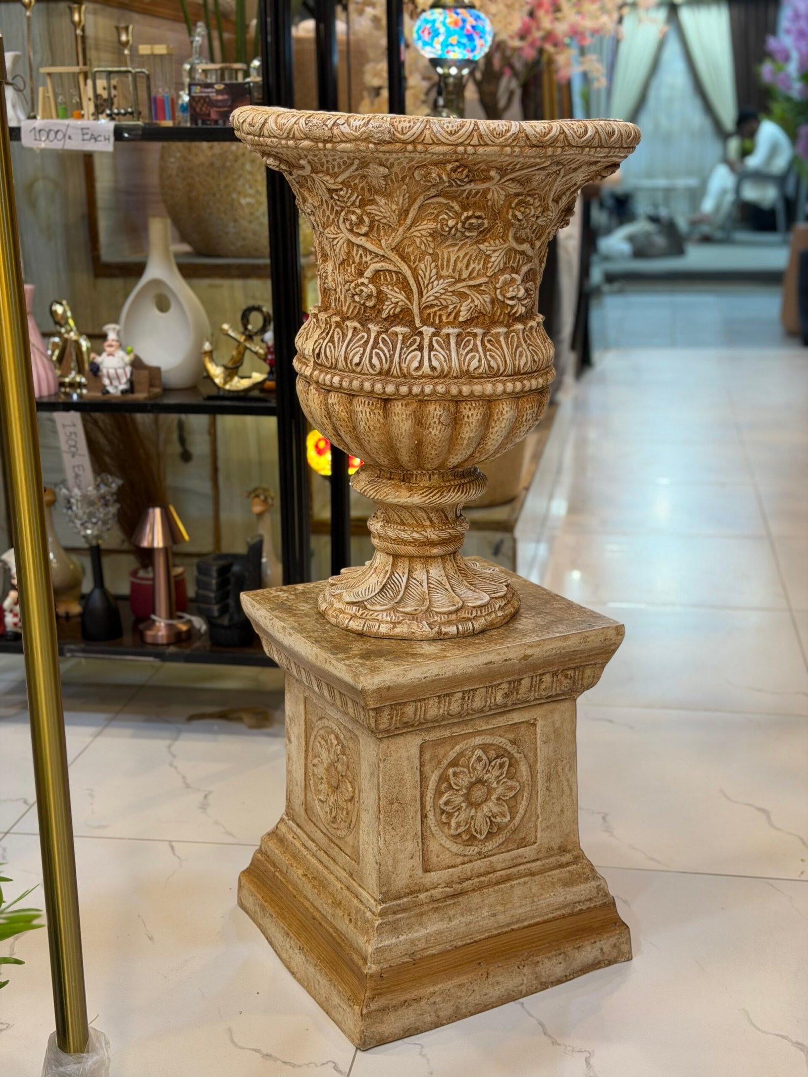 img_9450 Floral Heritage Fiber Urn Planter with Pedestal - Image 1
